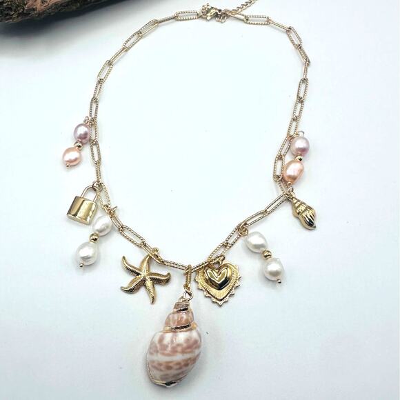 Gold Shell & Pearl Charm Necklace-Starfish, Heart & Lock Accents - Picture 7 of 7